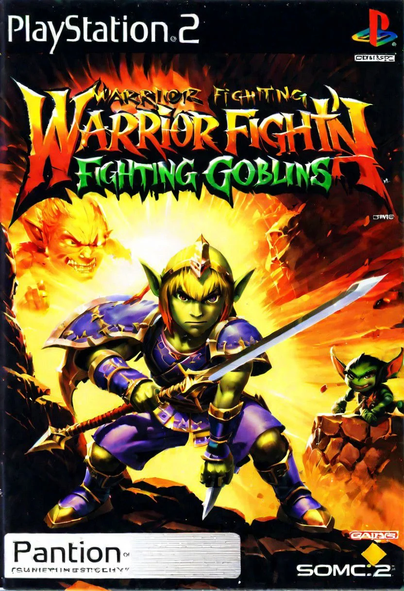 Ps2 cover disk,warrior fighting and goblins in cave a Text title "action fight",