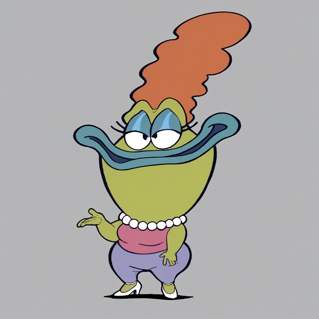 score_9, score_8_up, score_7_up BREAK BevBig, 1girl, orange hair, green skin, black eyes, blue lips, pearl necklace, sleeveless pink shirt, lavender pants, white high-heeled shoes, full body,
