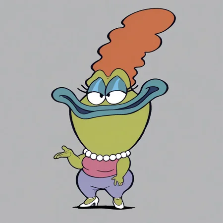 score_9, score_8_up, score_7_up BREAK BevBig, 1girl, orange hair, green skin, black eyes, blue lips, pearl necklace, sleeveless pink shirt, lavender pants, white high-heeled shoes, full body,