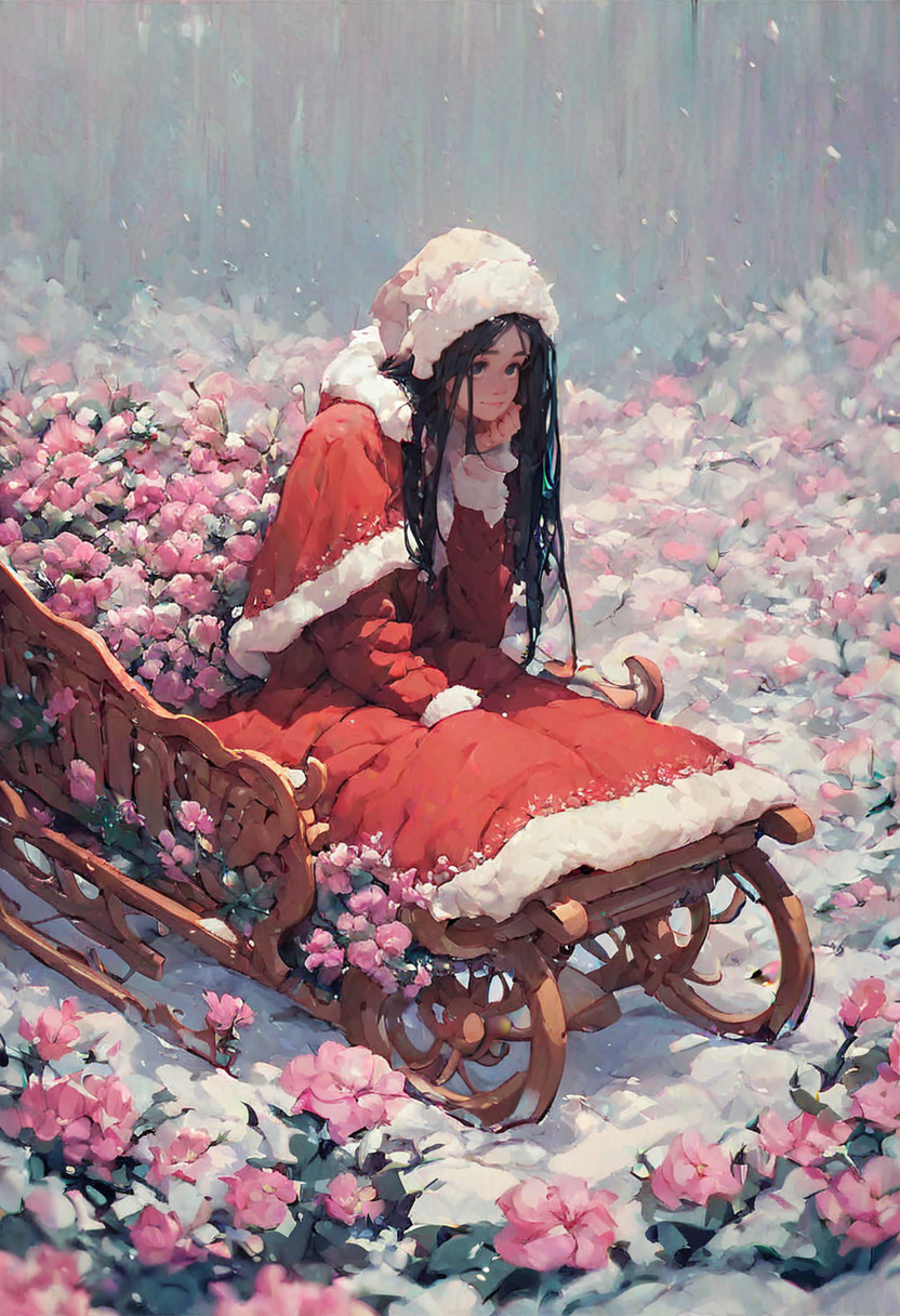 soft pink flowers, <lora:InCase-LyCoris-V4:1> <lora:Incase [MockAi - v1.0]:1> <lora:concept-expression_chart-v1:1> <lora:princess_xl_v2:1> <lora:more_details:1>, <lora:dare_cosplay_selfie:1>, <lora:Expressions_Helper:1>, <lora:Pony_QualityV4.0:1>  <lora:sleigh_Illust_v1:1> sleigh, sitting
