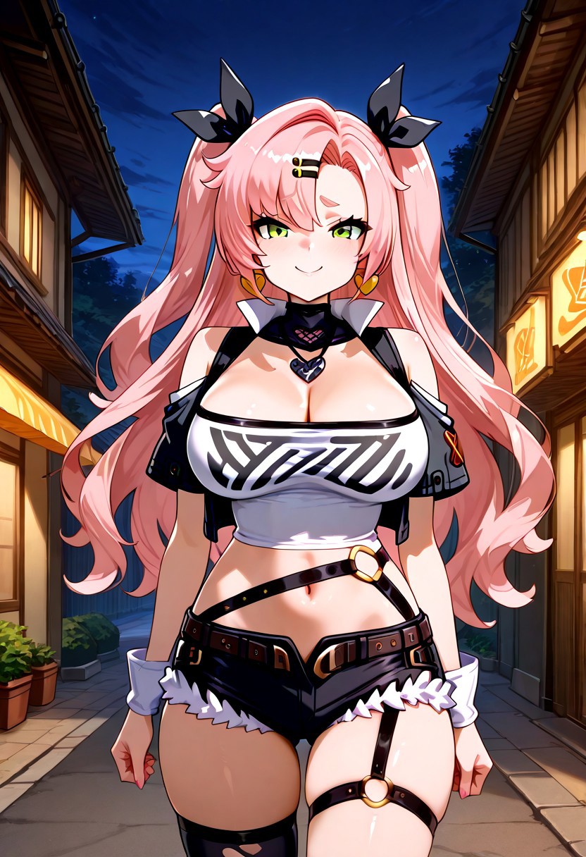 Best quality,masterpiece,soft light,official art,masterpiece,high quality,highres,absurdres,epic scene,natural textures,highest quality, detailed,perfect_eyes,
 from front,outdoor,standing, smile,night,shirt,skirt, 
Nicole demara, pink_hair, green eyes, large breasts, twintails, hair clip,