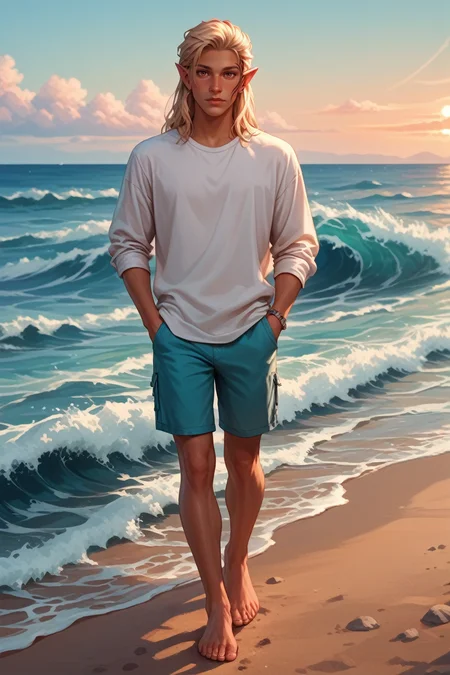 score_9, score_8_up, score_7_up,
<lora:DAZevran:0.8>
DAZevran, 1boy, blonde hair, brown eyes, pointy ears, tanned skin, face tattoo, looking at viewer, walking along the shoreline at dusk, hands in pockets, waves lapping at his feet, pastel sky, calm and reflective mood