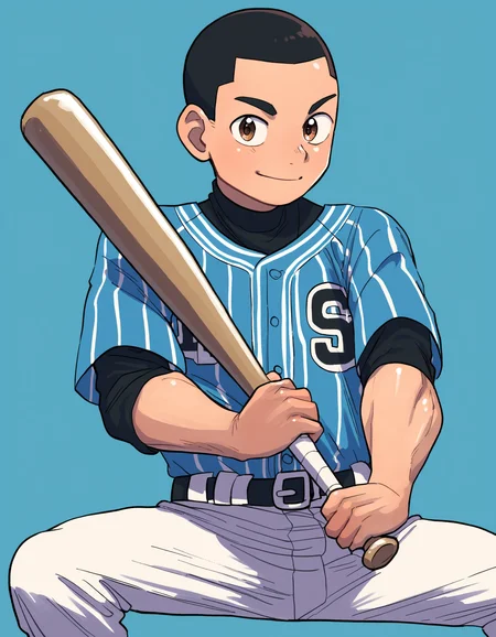 best quality, eeroku-style, blue background, 1boy, solo, muscular, black hair, buzz cut, brown eyes, baseball uniform, holding baseball bat, looking at viewer, closed mouth, smile <lora:a6_naiXL_v1Nb-ShoAI:1>