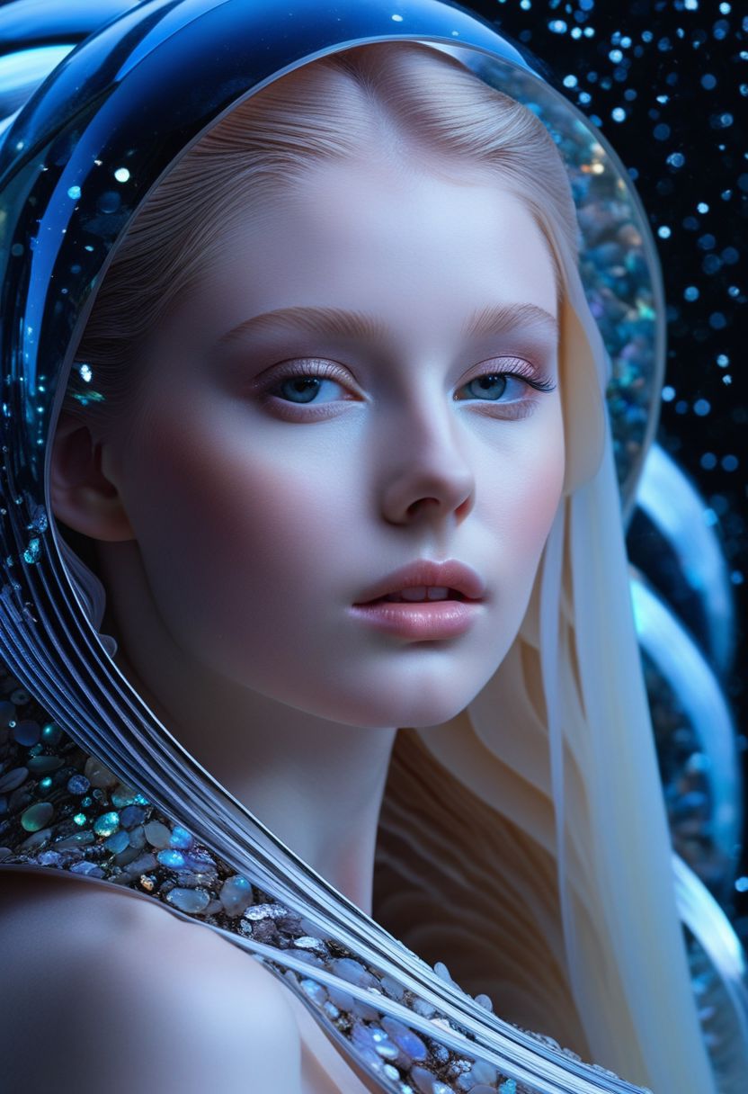 long shot, highest esthetic score, photo of a exquisitely beautiful pale skin  european 1girl, 20yo, modern implementation of sci-fi  "botichhelli The Birth of Venus" fantastic epic masterpiece, starlight falls on beautiful young face. Depth of field, insane details:1.4,  ultra detailed, absurdres, 1:280f Zeiss lens, long aperture, abalone shell, fiery opal, platinum, obsidian ,feet in the shell,