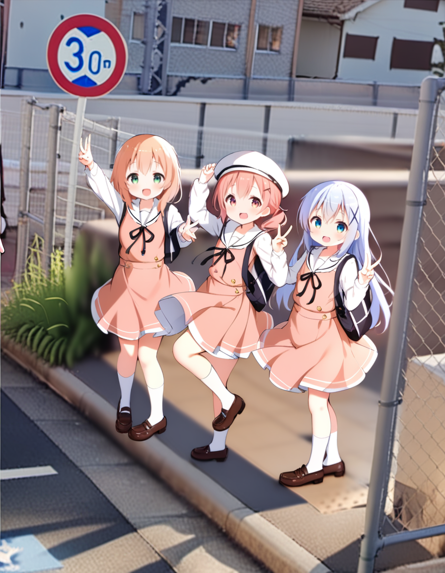 masterpiece, best quality, ultra detailed, highres,4k,(ultra-detailed:1.4) (illustration:0.5), (ray tracing,:0.8),(anime colored:0.7),(ai-generated:0.5),
kafuu chino, gochuumon wa usagi desu ka?,
hoto cocoa, gochuumon wa usagi desu ka?,
kirima syaro, gochuumon wa usagi desu ka?,
smile,school uniform,
 <lora:googlecarmemeXL1:1>,googlecarmeme,
multiple girls, 3girls,outdoors,sign,road, road sign,city,
 v,standing on one leg,arm up,
