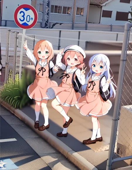 masterpiece, best quality, ultra detailed, highres,4k,(ultra-detailed:1.4) (illustration:0.5), (ray tracing,:0.8),(anime colored:0.7),(ai-generated:0.5),
kafuu chino, gochuumon wa usagi desu ka?,
hoto cocoa, gochuumon wa usagi desu ka?,
kirima syaro, gochuumon wa usagi desu ka?,
smile,school uniform,
<lora:googlecarmemeXL1:1>,googlecarmeme,
multiple girls, 3girls,outdoors,sign,road, road sign,city,
v,standing on one leg,arm up,