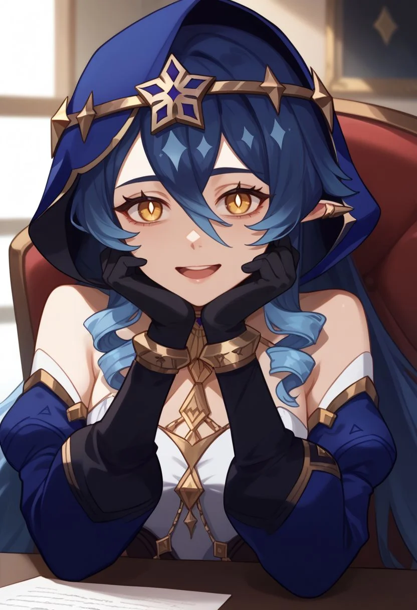 score_9, score_8_up, score_7_up, source_anime, 1girl, layladef, blue hair, yellow eyes, drill hair, hair between eyes, drill sidelocks, twin drills, pointy ears, blue hood, jewelry, neck ring, bare shoulders, detached sleeves, juliet sleeves, puffy long sleeves, claw ring, black gloves, white pantyhose, bags under eyes, thighlet, sitting, on chair, table, head rest, elbow rest, smile, open mouth, looking at viewer, indoors, portrait, close-up, upper body, facing viewer, <lora:Layla_v1-000010:1>