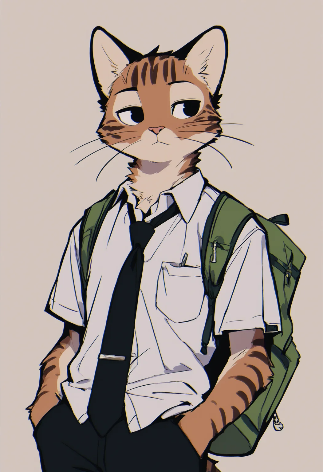 masterpiece,best quality,<lora:p65fn-RASF-000050:1> ,chromatic aberration, line art,
p65fn, 1boy, furry male, furry, male focus, whiskers, necktie, shirt, brown fur, solo, bag, white shirt, simple background, animal ears, pocket, grey background, pants, green bag, black necktie, body fur, hand in pocket, collared shirt, breast pocket, black pants, cat boy, short sleeves, white fur, closed mouth, school uniform, brown background, looking to the side, black eyes, hands in pockets, tie clip