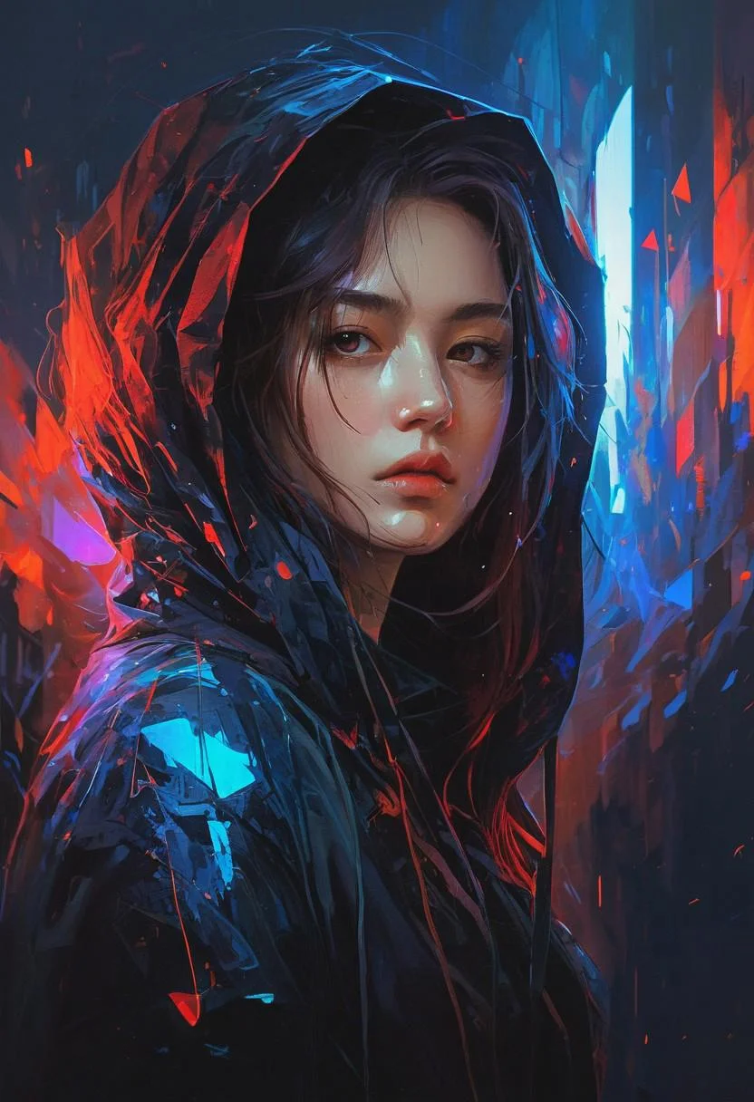 elegant haired abstract beauty, approaching perfection, dynamic, pitch black, highly detailed, dark, moody, low light, lowly lit, digital painting, artstation, concept art, smooth, sharp focus, illustration, art by Carne Griffiths and Wadim Kashin, black and red colors, good shadows, back lit, hidden, obscured, brushed eyebrows, busty, cleavage, (prisms:1.6), (prismatic:1.5), (ghostly thin veil:1.6), prismatic, reflections, cyberpunk, (black light clothes:1.6), monolith, mirrors, mirror, monolithic, obsidian, sun circle, other worldly, (different dimensions:1.7), (mysterious:1.5), (portrait:1.7), blue bra,
