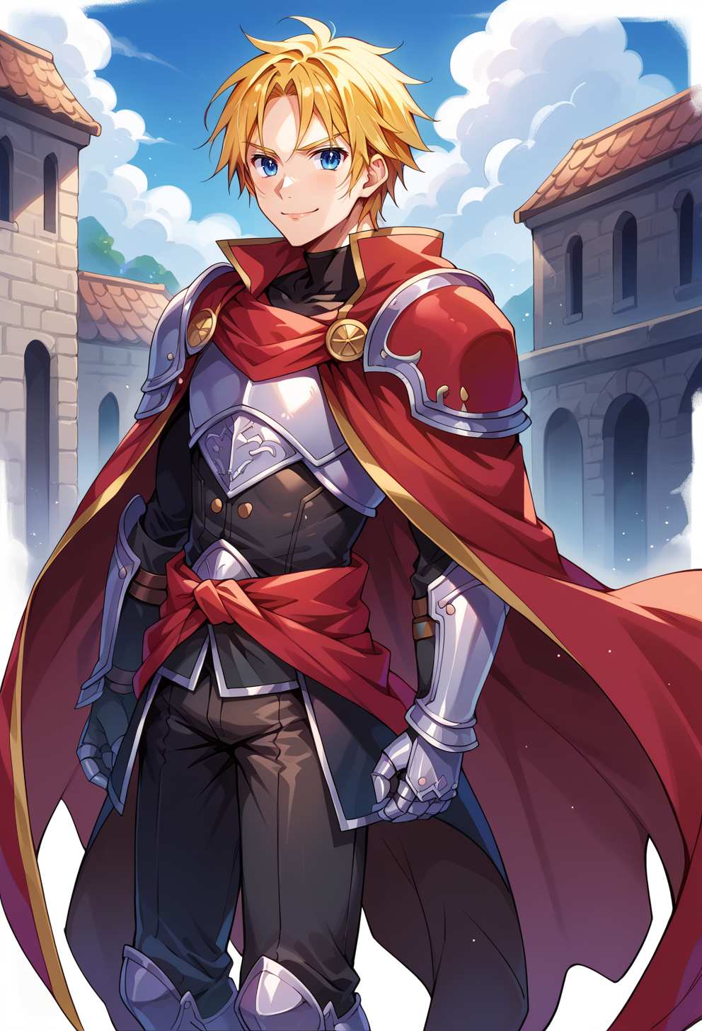 score_9, score_7_up, source_anime, BREAK <lora:kamiya_yuu-Style-PonyXL-GLoRA:0.75> solo, male focus,, smile, 1boy, blue eyes, blonde hair, parted bangs, hair intakes, armor, pauldrons, cuirass, gauntlets, waist cape, greaves, black bodysuit, surcoat, shoulder sash, wing shoulder armor, red cape, pants,