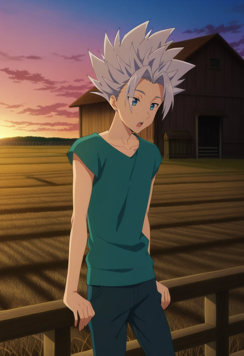 masterpiece, best quality, , anime screencap, anime coloring, official style,, 1boy, solo, male focus, <lora:arden_nnt_ilxl:1>, arden_nnt, grey hair, blue eyes, short hair, spiked hair, , wide angle, wide shot, cowboy shot, farm, plantation, dusk, leaning on object, open mouth,