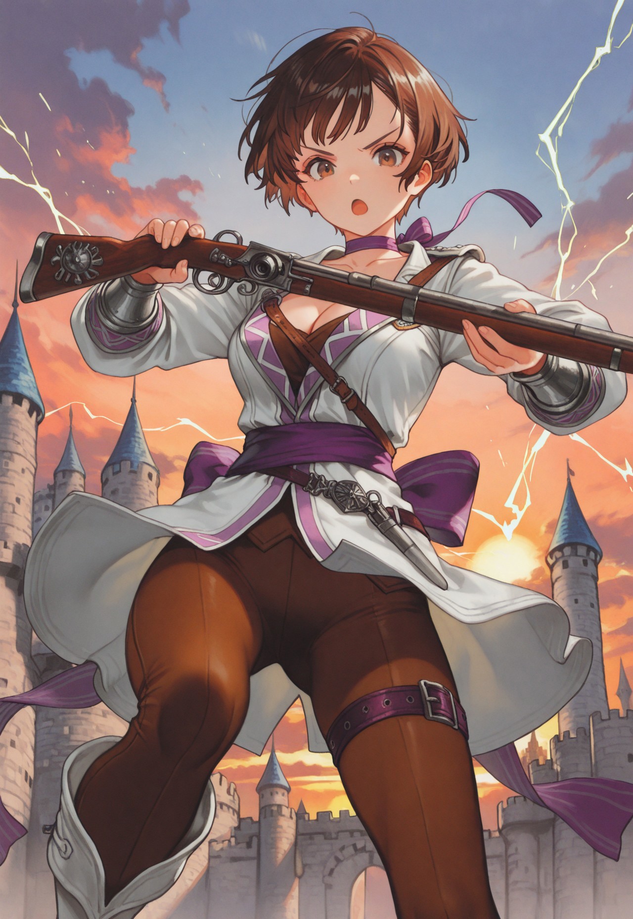 masterpiece, best quality, very aesthetic, absurdres, 
cowboy shot, 1girl, solo, 
musketeer, brown eyes, brown hair, very short hair, medium breasts, cleavage, collarbone, 
purple choker, ribbon choker, white jacket, bracer, long sleeves, belt, purple sash, back bow, thigh belt, brown leggings, ankle boots, 
holding musket, electricity, 
from below, looking at viewer, looking down, open mouth, v-shaped eyebrows, serious, fighting stance, aiming, incoming attack, 
outdoors, sunset, castle, sky, cloud, 
oygilmb 
rakugakingu 
bdbgil 