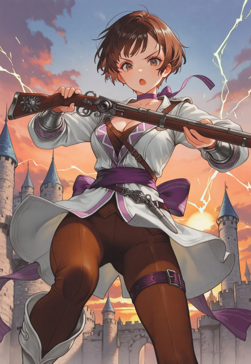 masterpiece, best quality, very aesthetic, absurdres, 
cowboy shot, 1girl, solo, 
musketeer, brown eyes, brown hair, very short hair, medium breasts, cleavage, collarbone, 
purple choker, ribbon choker, white jacket, bracer, long sleeves, belt, purple sash, back bow, thigh belt, brown leggings, ankle boots, 
holding musket, electricity, 
from below, looking at viewer, looking down, open mouth, v-shaped eyebrows, serious, fighting stance, aiming, incoming attack, 
outdoors, sunset, castle, sky, cloud, 
oygilmb 
rakugakingu 
bdbgil 