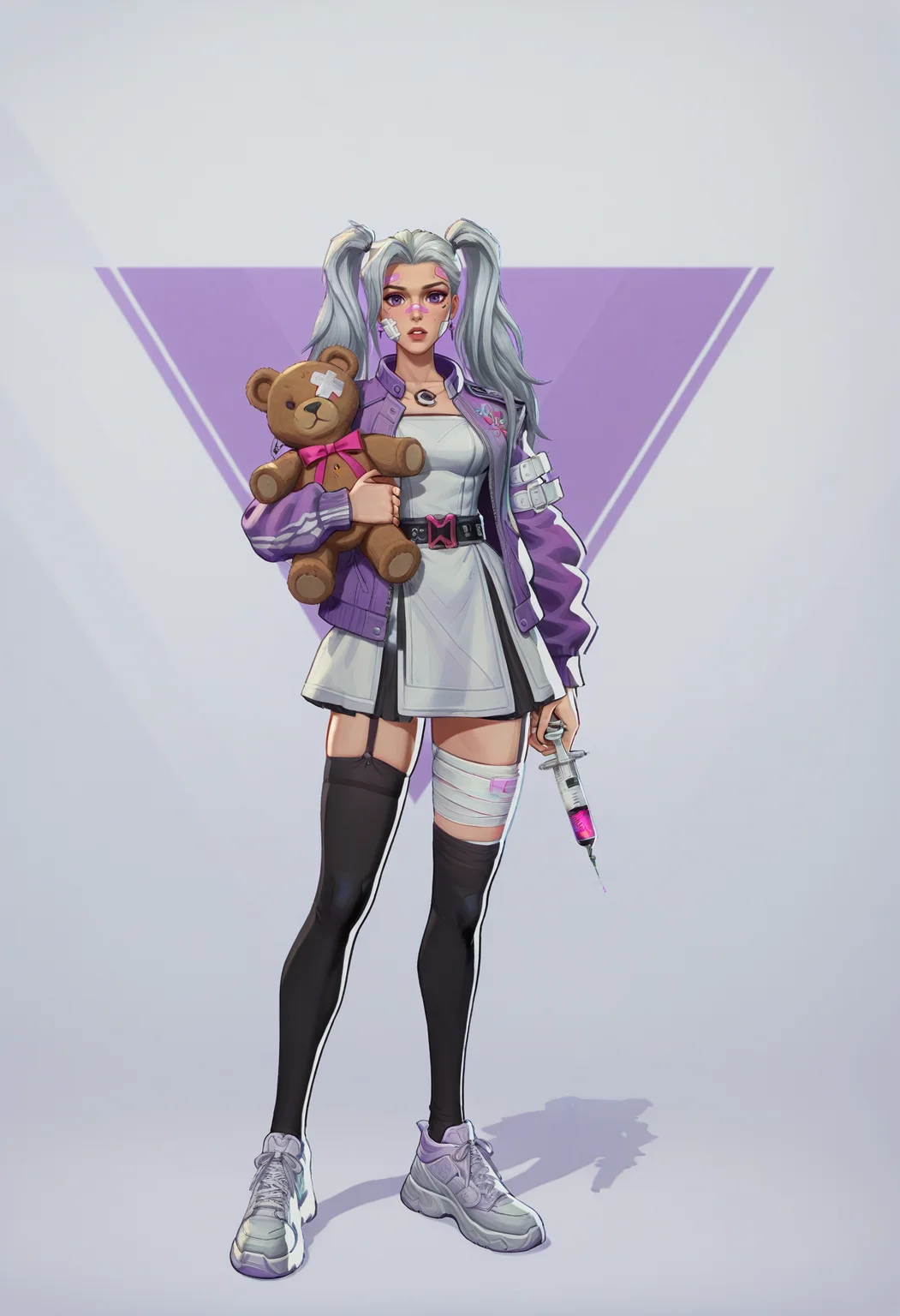 <lora:MarvelRivals:1> r1vals,
1girl, twintails, solo, stuffed toy, stuffed animal, thighhighs, white background, syringe, bandages, holding, teddy bear, grey hair, full body, long hair, dress, purple eyes, holding syringe, parted lips, simple background, shoes, belt, looking at viewer, bandaid, bandaid on face, black thighhighs, sneakers, bandaged leg, white dress, k-pop, weapon, holding stuffed toy, purple jacket, standing
