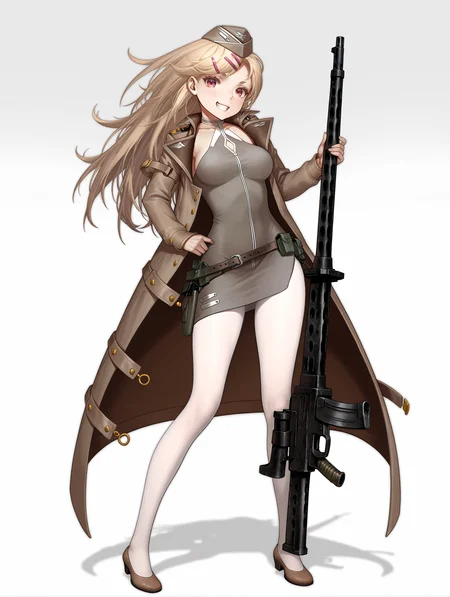 masterpiece,best quality,newest,1girl,solo,
medium breasts,<lora:M1919A4_ilxl_v1.2:1>,m_1919,m_clothes,long coat,white_pantyhose,m_hat,m_a4,machine gun,ammunition belt,holding_weapon,
looking_at_viewer,full body,simple_background,white_background,standing,holding,grin,