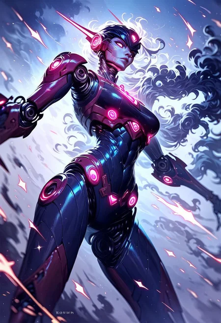 score_9, score_8_up, score_7_up, score_6_up, cybrk, highest quality, 1girl, robot girl, epic pose, pretendious pose, dramatic angle, dust, smoke, sparkles, glowing parts, power, cyborg,cinematic, epic photoshot,