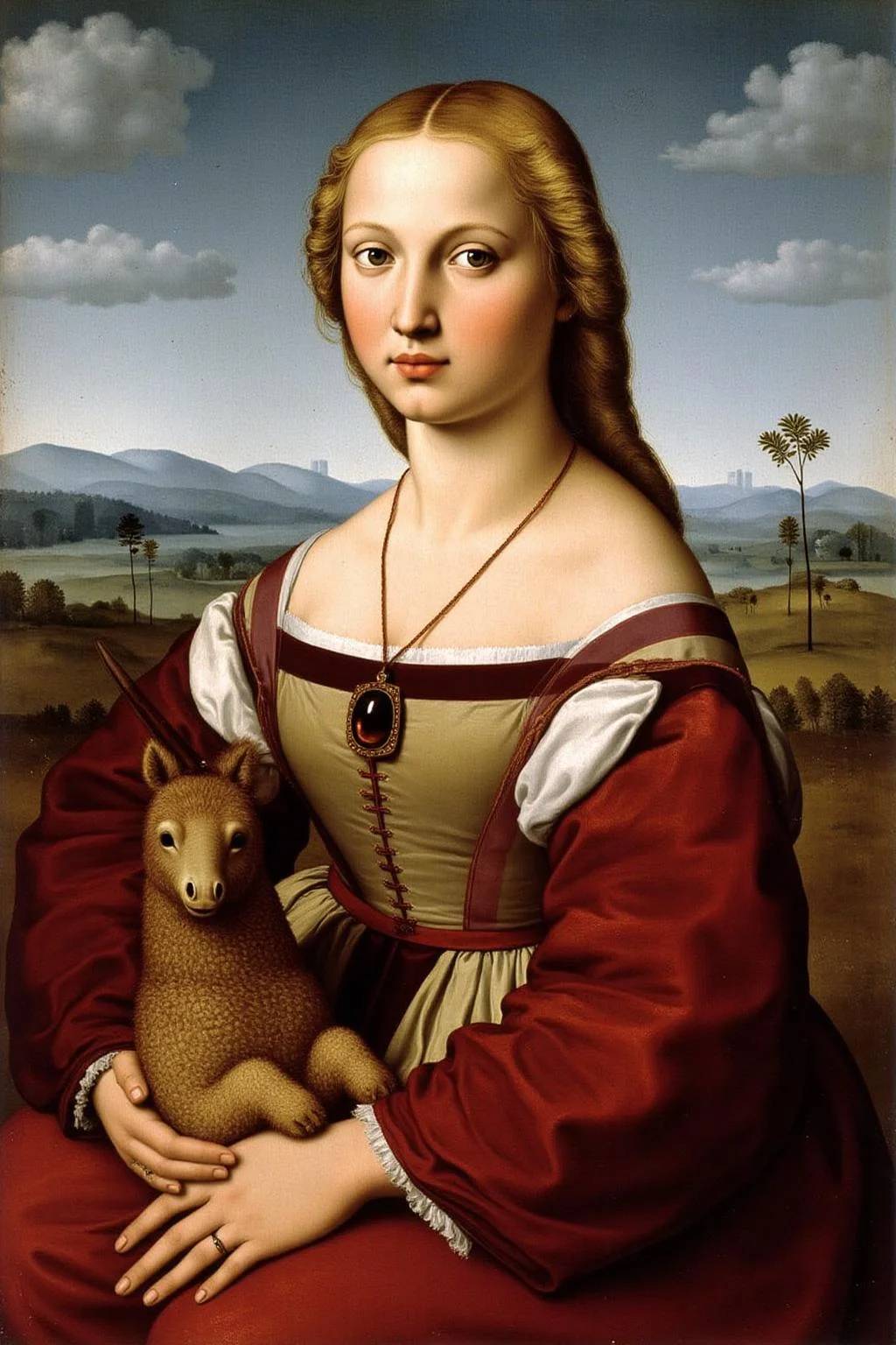 raphael1 painting.
A young woman with curly blonde hair is dressed in a red and cream-colored dress with intricate detailing and a pendant necklace. She holds a small furry baby unicorn in her hands. The background shows rolling hills and a clear sky.
 <lora:raphael1_cap_d6a3:1.0><lora:843637757399200290:0>