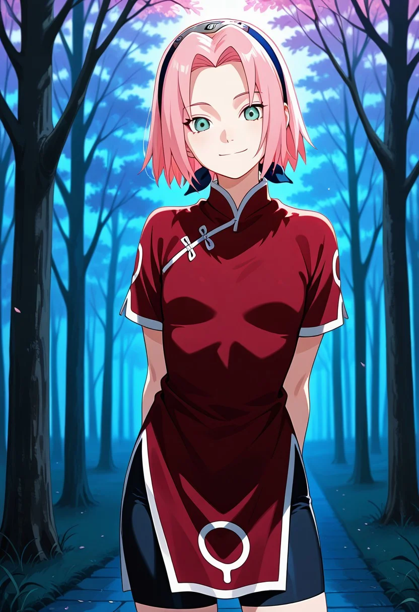 Score_9_up, score_8_up, score_7_up, source_anime, Expressiveh, perfect eyes, 1girl, solo, 1girl, haruno sakura, pink hair, short hair, green eyes, slim body,Small breasts,red shirt, red qipao, black short sleeves, ((bike shorts)), small stature
looking at the viewer, winking, smiling, sakura forest background, night,
masterpiece, best quality, good quality, newest, highres, absurdres, volumetric lighting,gradient color,
BREAK
raytracing, volumetric lighting, ambient occlusion, luminescent background, masterpiece, best quality, very awa, absurdres,
BREAK
Japanese,
BREAK
BREAK masterpiece, best quality, amazing quality, (perfect anatomy:1.2), (beautiful artwork), (beautiful color), strong lighting, <lora:blm_ILL_V1:0.3>, <lora:HandFineTuning_XL:0.7>