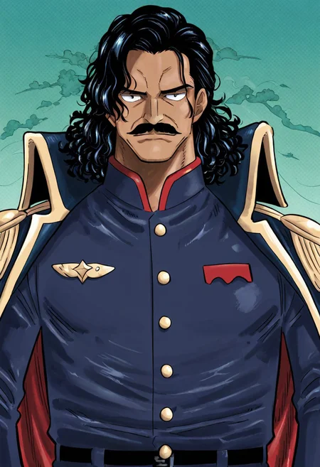 lazympos, 1boy, solo, male focus, tan skin, masculine, mature male, big nose, mustache, hairy mustache, black hair, long hair, wet hair, curly hair, dark blue uniform, marine uniform, military uniform, coat on shoulders, dark blue coat, eppaulettes, dark clothes, serious, looking at viewer, island background, sun