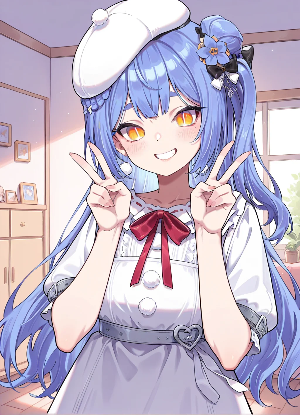 masterpiece, best quality, 1girl, standing, upper body, double V, indoors, azusavirtuareal, blue hair, virtual youtuber, long hair, smile, hat, slit pupils, <lora:AzusaVirtuaReal:0.8>