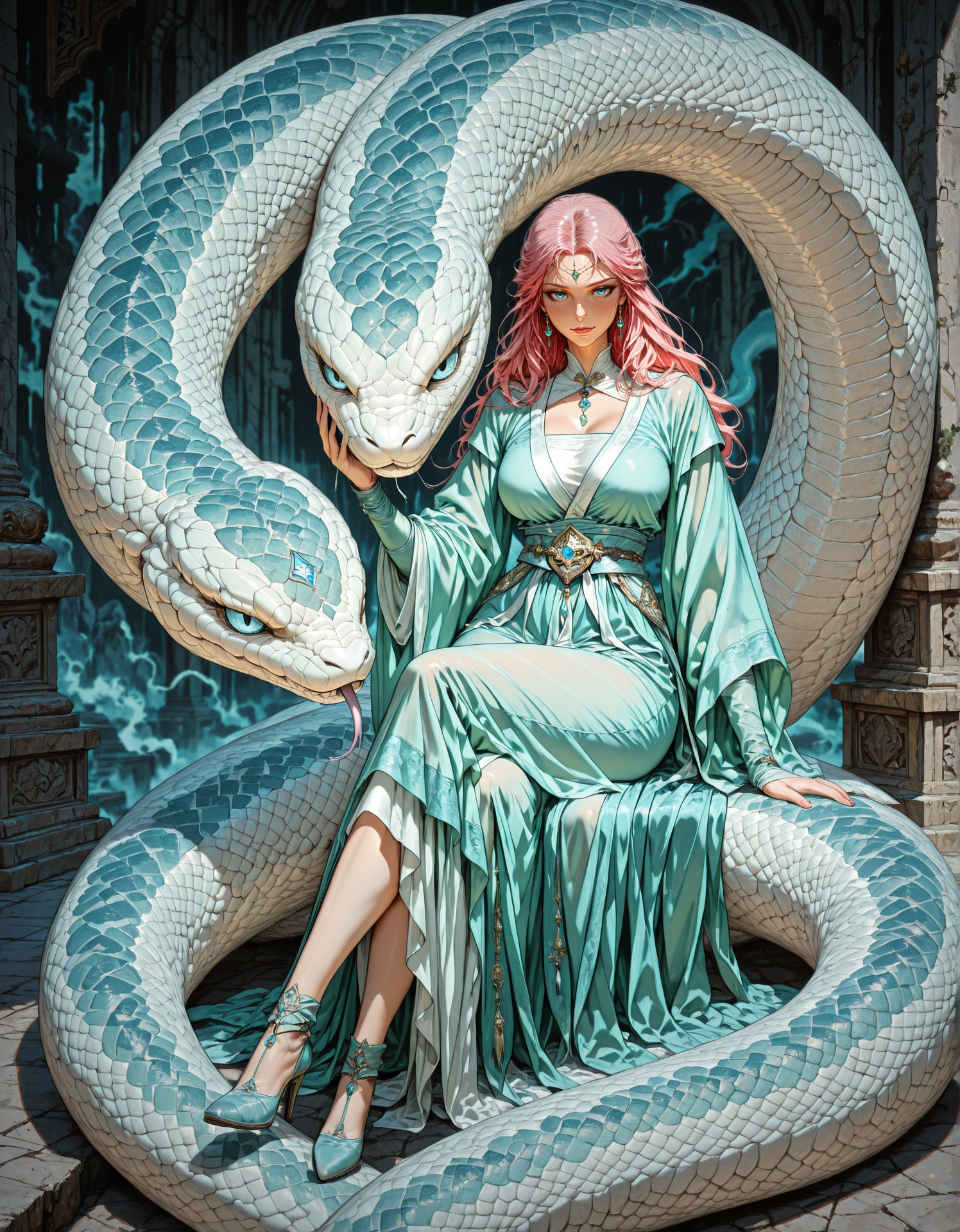 masterpiece, best quality,high quality, newest, highres,8K,HDR,absurdres, 1girl, delicate hanfu, animal, blue eyes, crossed legs, giant snake, girdle, high heels, jewelry, long hair, oversized animal, pink hair, snake, looking_at_viewer, Epic,Great,Motherly,sacred, Petting the snake head
  <lora:iLLMythM4gicalL1nes:1> M4gicalL1nes