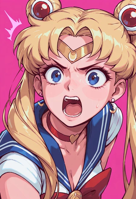 masterpiece, best quality, very aesthetic, absurdres, newest, solo, fisheye view.
sailor moon, blonde hair, blue eyes, open mouth, aggressive, surprised, angry.
pink background