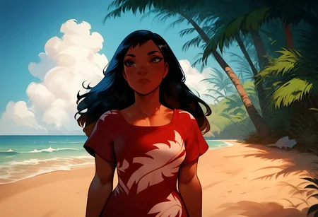 score_9, score_8_up, score_7_up, cinematic, dramatic, reflexive look, waves,     , masterpiece, beautiful,upper body, Alilo,dark skin,brown eyes,black hair, long hair,bangs, big nose,short sleeves,short red dress, outdoor, standing, front view,warm light style, beach, sunset,