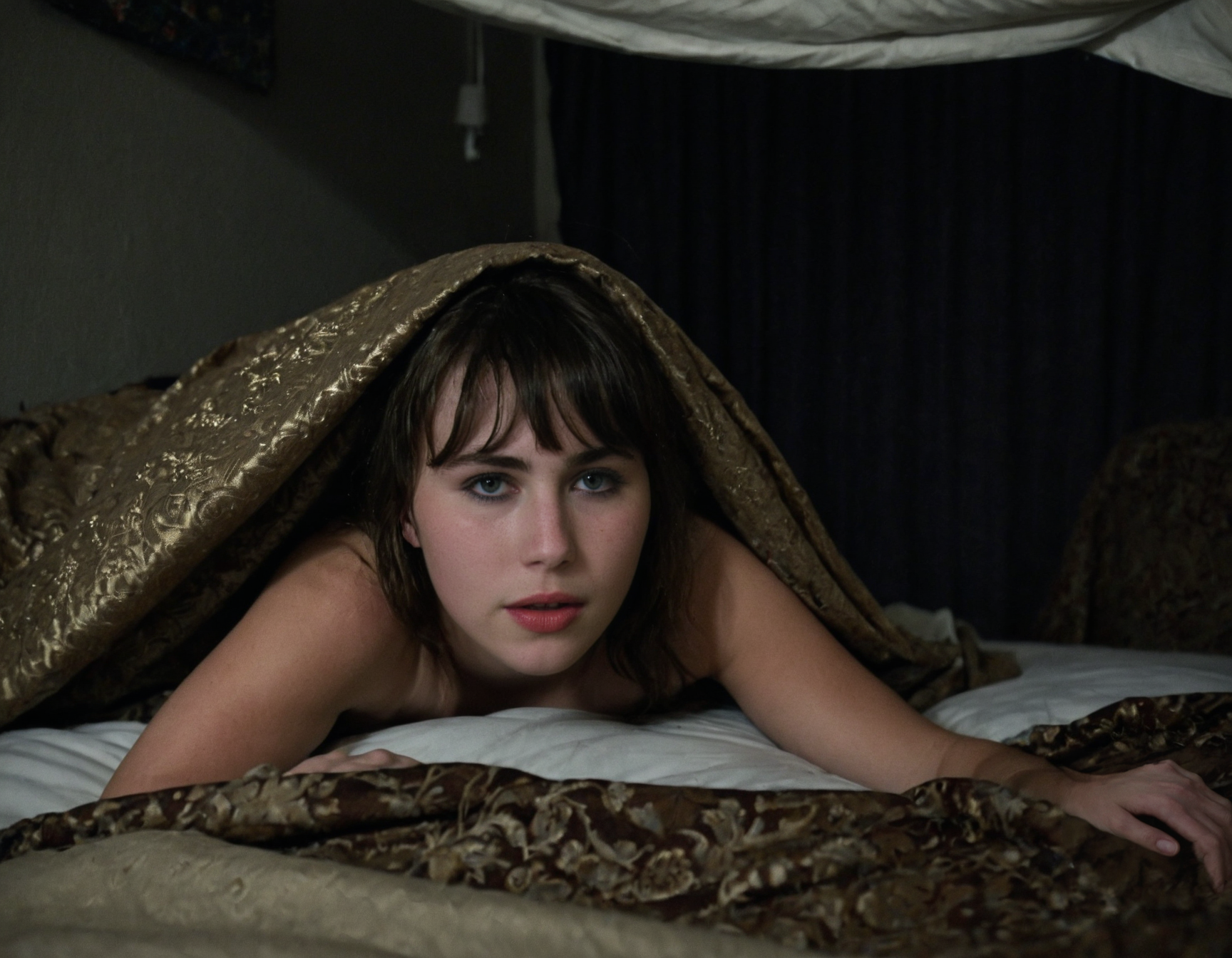 <lora:Check_Military:0.75> macro, detailed, realism, style, photograph
25 year old, woman named <lora:AbeyL:0.75>  abey,  photo, , average body,, blunt bangs, peeking from under the blankets, lying laying on bed in messy bedroom, low angle shot, distracted expression, nonchalant expression, night, dark room, dimly lit,<lora:add-detail-xl:0.75> <lora:detailed_notrigger:0.75> 