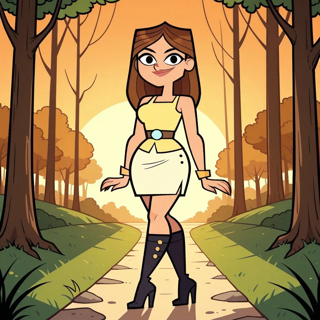 score_9, score_8, BREAK, solo, brown hair, long hair, lips, yellow sleeveless top, belt, white skirt, black high heel boots, yellow bracelet, breasts, total drama, TaylorTD, sexy pose, self portrait, smile, looking at viewer, outdoors, sunlight, shadows, evening lighting, natural lighting, forest, trees, grass, orange sky, sunset