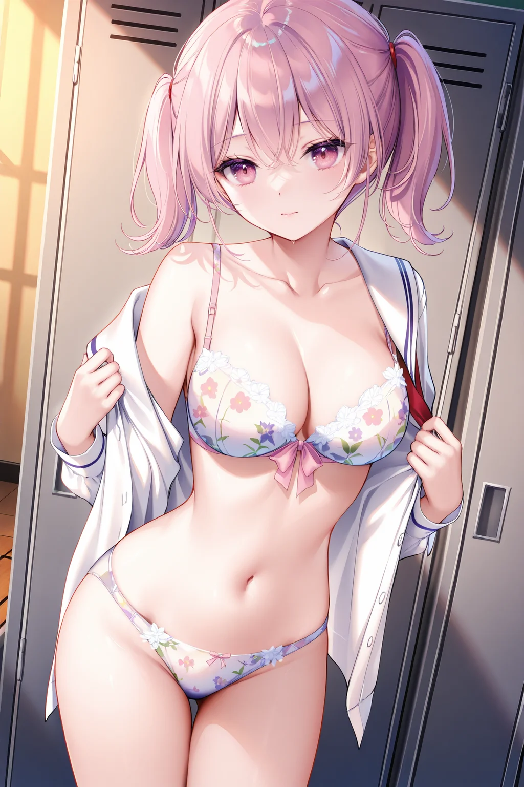 masterpiece,best quality,newest,absurdres,highres,Cinematic Lighting,(chen bin:0.5),(hiten \(hitenkei\):0.4),(rimuu:0.5),(mignon:0.5),(sheya:0.6),1girl,solo,
<lora:hinaXLNAI:1>,ensemble style,hina(ensemble),twintails,pink eyes,pink hair,hair tie,short hair,
locker room,<lora:neiyiâãnoobã:1>,Floral bra and panties set,Pastel floral lingerie,Pink and white lingerie,Floral pattern bra and panties,
large breasts,dressing serafuku,standing,