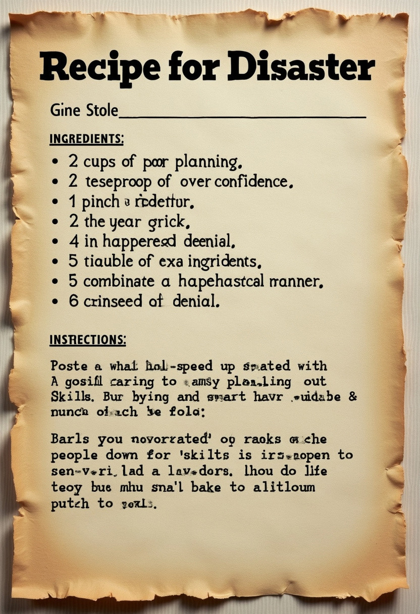 A recipe card titled "Recipe for Disaster," with steps that clearly lead to chaos. Ingredients include "2 cups of poor planning," "1 tablespoon of overconfidence," and "a pinch of denial." The instructions would detail steps like "Combine all ingredients in a haphazard manner" and "Bake at full speed ahead until everything falls apart."