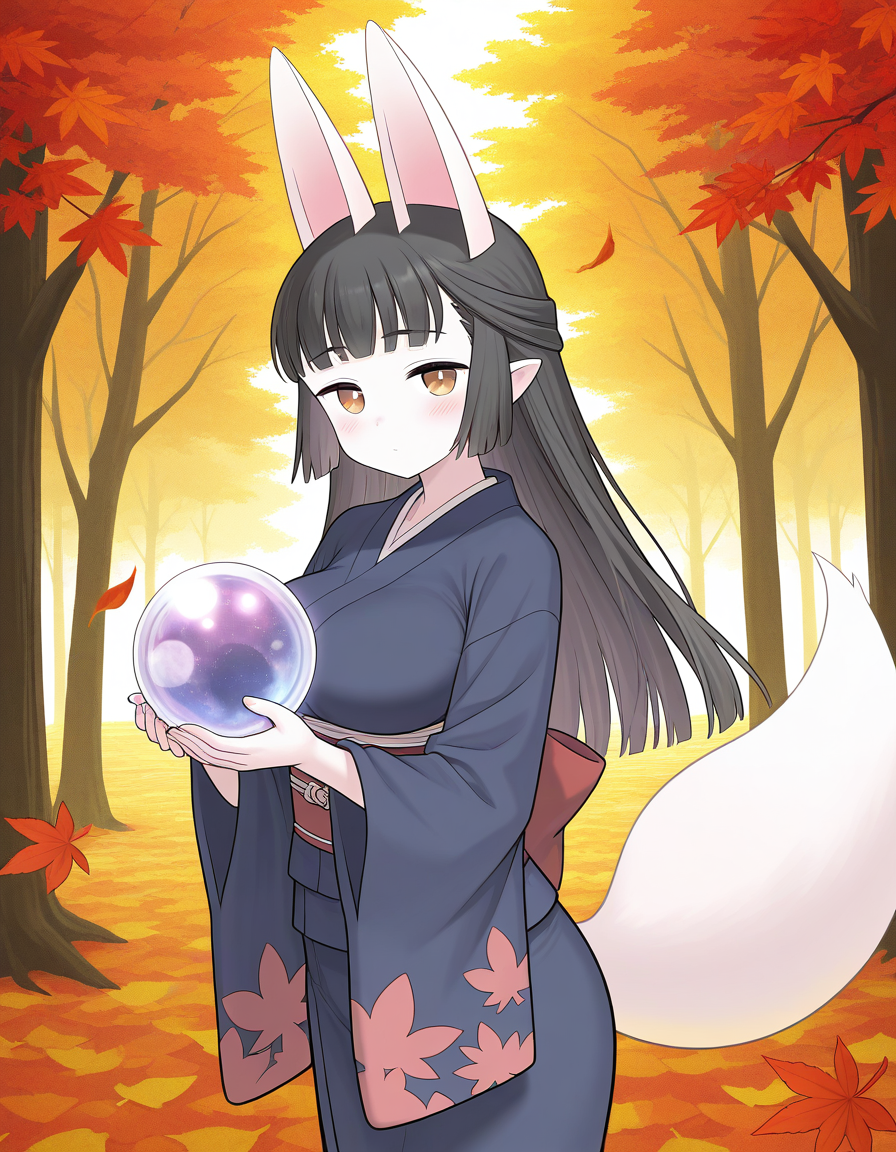 general,highres, ultra-detailed,very aesthetic,best quality ,best hands,  BREAK <lora:Hasaha_IS:1.1> Hasaha, animal ears, black hair, brown eyes, pointy ears,  white tail, large breasts,
 long hair, crystal ball, orb, white background, simple background, blush, holding, looking at viewer, cowboy_Shot,
forest, 
autumn,
fallen leaves,
