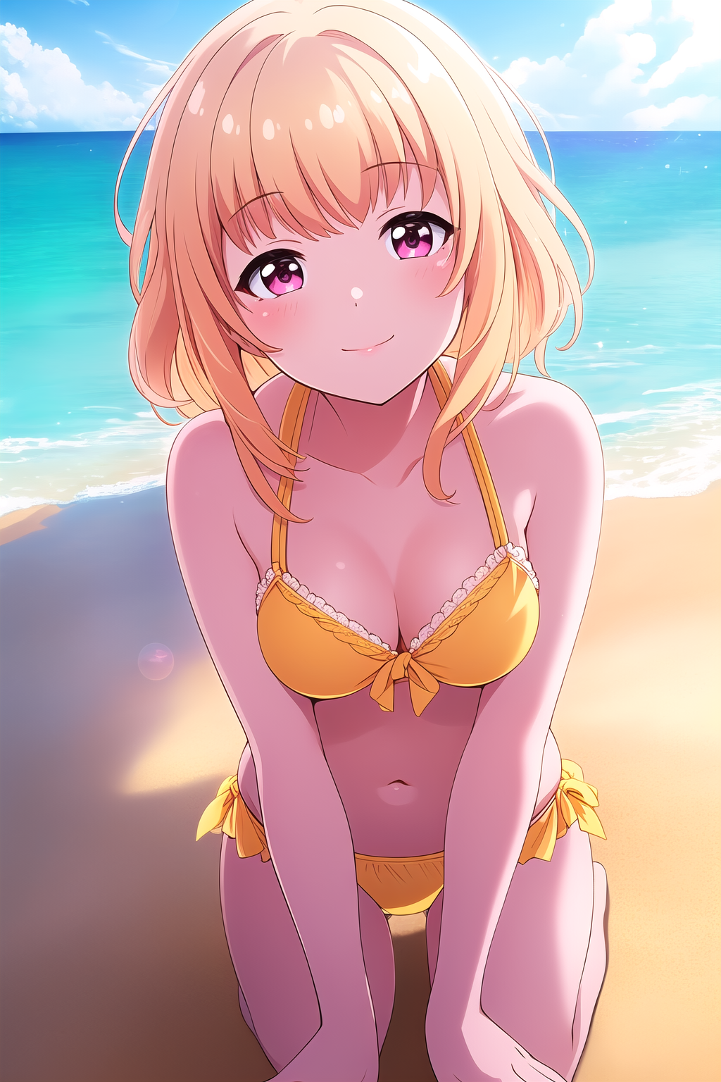 (masterpiece, best quality), highly detailed background, perfect lightingbest quality, watagimichelle, solo, outdoors, beach, blonde hair, bangs, medium hair, sidelocks, pink eyes, medium breasts, yellow bikini, swimsuit, smile, closed mouth, pink lips, <lora:Watagi-Michelle:0.7>