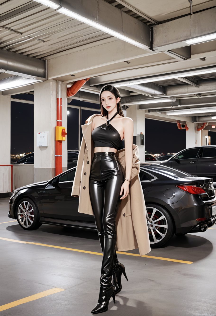 ,ruanyi1409,indoors,motor vehicle,,ruanyi1400,halterneck,sleeveless,tight clothes,leather pants,coat,
dark,night,black background,<lora:1409 Underground parking lot_v1_pony:1>,<lora:1400 date attire_v1_pony:0.9>, score_9,score_8_up,score_7_up,,8k,solo,,