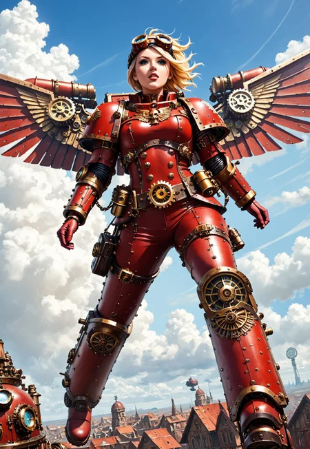 Stable_Yogis_PDXL_Positives, (score_9, score_8_up), score_7_up,  <lora:PonyBloodA40K:0.8>, BloodA40K, 1girl, solo, wearing red power armor, ((steampunk, sky world, cloud)), midriff, blonde hair, flying, hovering, air, goggles on head, dynamic angle, (intricate details,detailed face,detailed eyes,super-detailer-bsy,detailifier,detailed skin,detailed hair,hyper-detailed,ultra-detailed,sexiness enhancer)