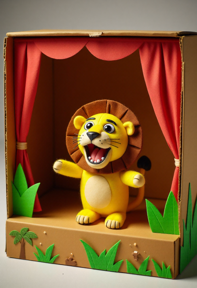 <lora:Finger_Puppet_Theater_FLUX-000013:0.9>
The image is a photograph of a whimsical, handcrafted diorama with a cardboard box set up as a stage,  featuring  Simba roaring on pride rock