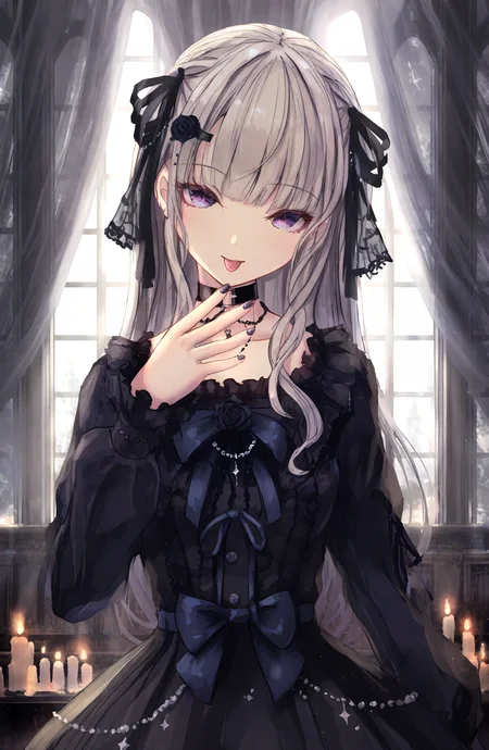 1girl, solo, long_hair, looking_at_viewer, long_sleeves, hair_ornament, dress, bow, ribbon, purple_eyes, upper_body, grey_hair, hair_ribbon, flower, frills, choker, tongue, indoors, puffy_sleeves, hair_flower, tongue_out, nail_polish, black_dress, window, black_ribbon, black_choker, rose, curtains, black_nails, lolita_fashion, gothic_lolita, candle, black_flower, black_rose