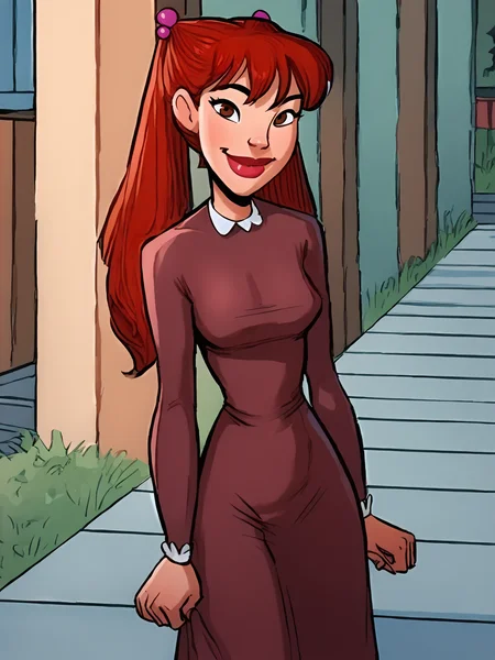 <lora:JuliaHarveyPony1.2:1> juliah, red hair, thick lips, 1girl, long hair, solo, hair bobbles,twintails, breasts, brown eyes, dress, socks looking at viewer, smile,outdoors,cowboy shot, score_9, score_8_up, score_7_up, score_6_up, score_5_up, score_4_up
