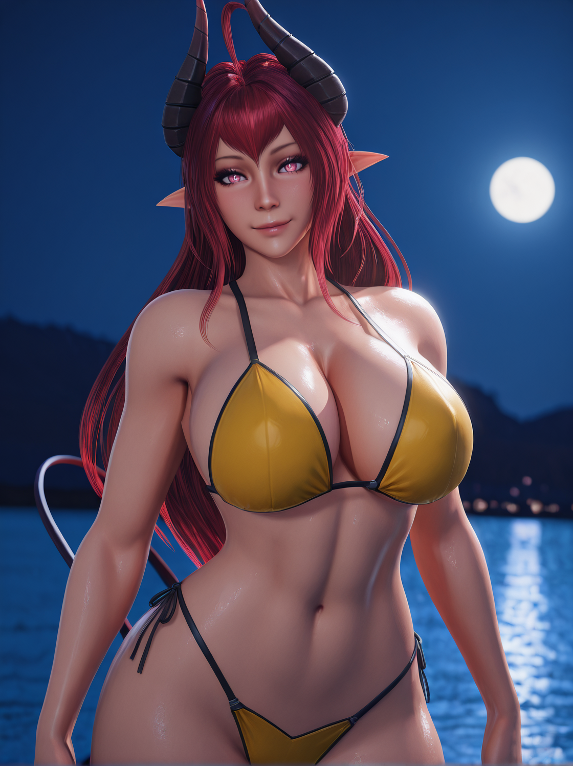 masterpiece,best quality, detailed background, 3d, realistic, ryanreos, 1girl, sinia, demon girl, succubus, red hair, yellow bikini,  looking at viewer,pink eyes, bright pupils, horns,  huge breasts, smile, cowboy shot, night, moonlight,  demon tail <lora:RyanreosILv4:1>