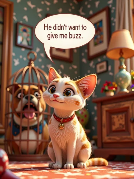 A high-resolution, cute 3D cartoon-style image of a calm, innocent-looking cat sitting in the middle of a room.  A speech bubble above the cat reads, "He didn't want to give me buzz". In the room it's visible a (((bulldog trapped in a big bird cage)). The contrast between the cat's serene demeanor and the chaotic scene adds a humorous, surreal touch, <lora:Cute_3d_Cartoon_Flux:0.5>