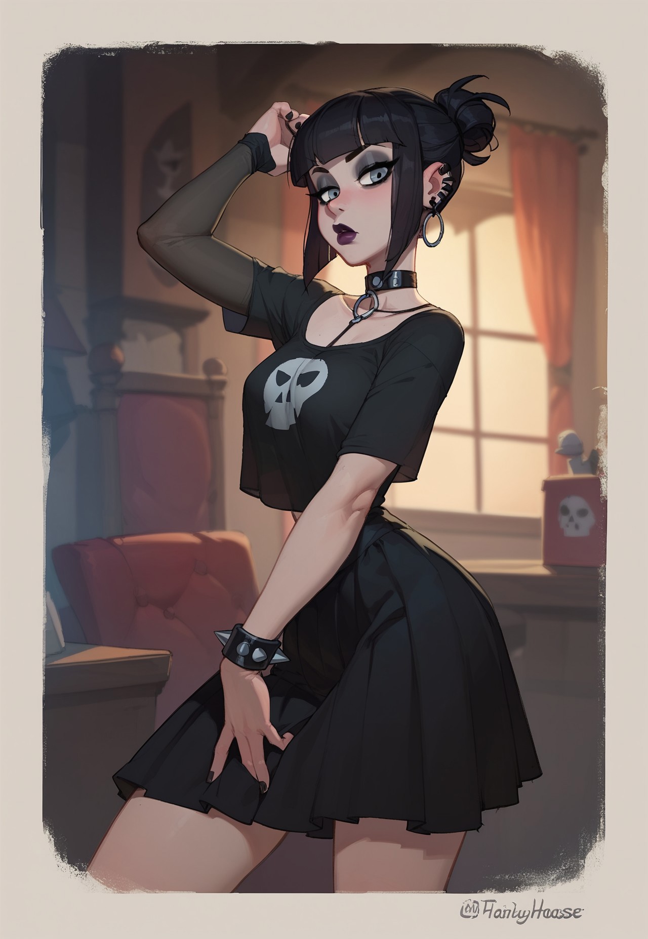 score_9, score_8_up,  score_8_up, 1woman, goth, gray eyes, haunted house, 