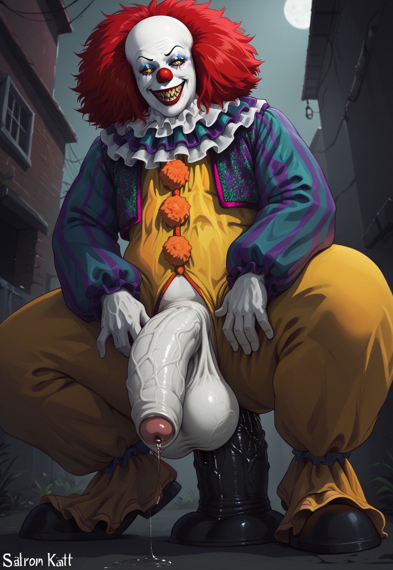 safe_pos, score_9_up, score_8_up, score_7_up, line art, solo, 1boy, oldpennywise, clown, fat, white skin, facepaint, red hair, smirk, clown suit, low angle view, squatting on gigantic dildo, anal insertion, night alley, gigantic balls, flaccid, very veiny penis, massive very long uncut penis foreskin, yellow eyes, sharp teeth,