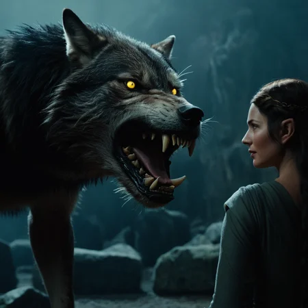 cinematic film still of <lora:The Lord of the Rings style v2:1>
In a Fantasy Middle-earth world in the dark ages Carcharoth a huge wolf with a woman standing next to it,1girl,long hair,black hair,standing,yellow eyes,teeth,from behind,animal,cat,sharp teeth,monster,dark,horror (theme),oversized animal , dramatic light, dramatic shadow light, film contrast, cinematic film color, cinematic film look, filmic, realistic, realism, perfection, perfect, movie still, fantasy drama, epic drama, fictional, Age of Wonders, Age of Empires, warriors, Medieval style, middle ages, dungeons and dragons style, different people, different, unique, kingdoms and castles, violent, aggressive, detailed, perfection, detailed face, detailed body, detailed hands, detailed eyes, sharp, horror themed, dark themed, epic fantasy adventure film style, Legendary, mythical, The Lord of the Rings style, shallow depth of field, vignette, highly detailed, high budget, bokeh, cinemascope, moody, epic, gorgeous, film grain, grainy
