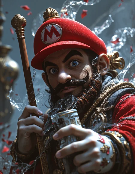 A reimagined close up on Mario, ready for battle with a toilet plunger <lora:flux.1_lora_flyway_Epic-detail_v2:0.8> <lora:Elden_Ring_-_Yoshitaka_Amano:0.5> <lora:anhei_first_flux_lora_v1:0.7> anhei