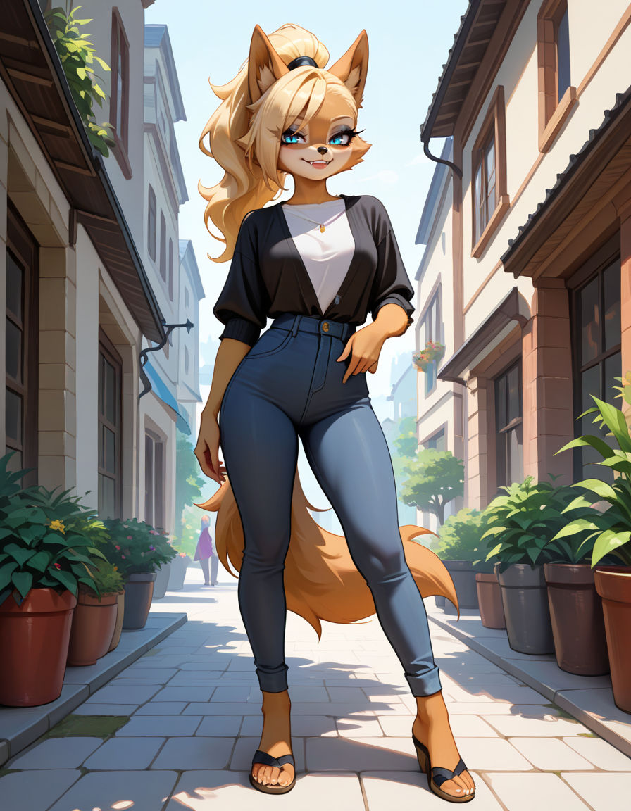 masterpiece, best quality, very aesthetic, absurdres,
outdoors, casual, 
full body, standing, posing, 
 seductive smile, parted lips, long eyelashes,
 <lora:Whisper_the_Wolf_v01_NAIXL:1>,
Wh15p3r,1girl,solo,furry,furry female,wolf girl,long hair,blonde hair,wolf ears,ponytail,blue eyes,makeup,anout,animal nose,fangs,body fur,two-tone fur,orange fur,brown fur,wolf tail,