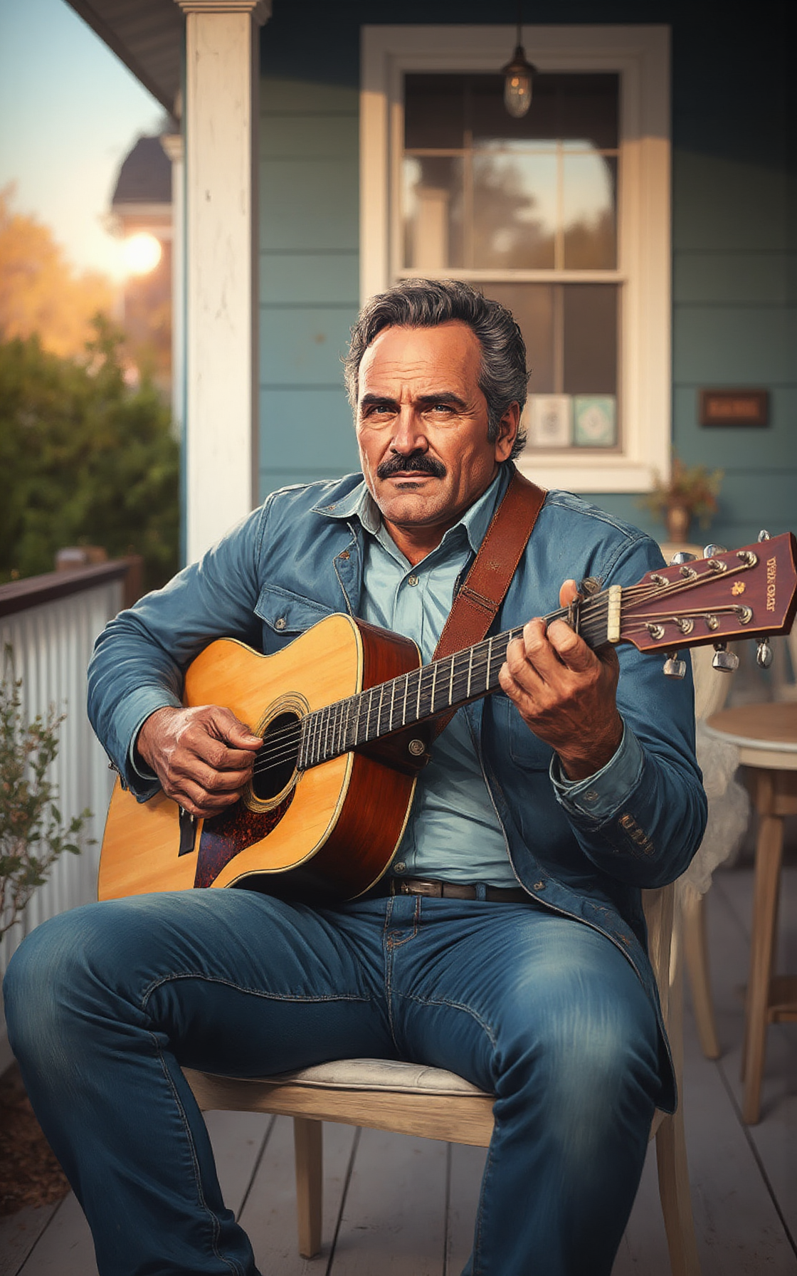 YFG-Th3Dud3 a stylish 57-year-old in a casual denim jacket, stubble shading his jawline, strumming an acoustic guitar on a porch