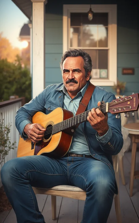 YFG-Th3Dud3 a stylish 57-year-old in a casual denim jacket, stubble shading his jawline, strumming an acoustic guitar on a porch