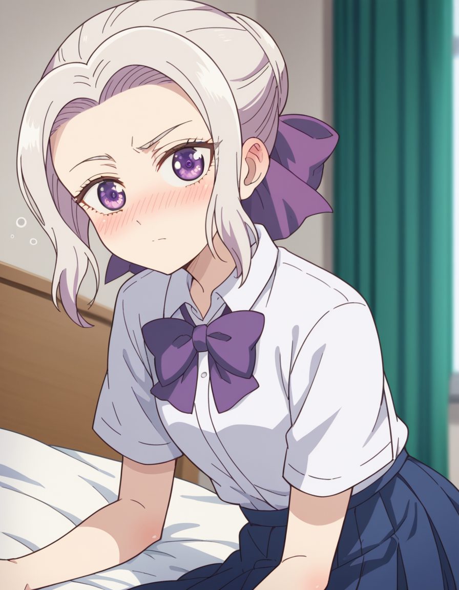 score_9, score_8_up, score_7_up, source_anime, <lora:shino-kiryuu-s2-ponyxl-lora-nochekaiser:1>, shino kiryuu, purple eyes, white hair, hair bow, purple ribbon,, skirt, shirt, bow, school uniform, white shirt, short sleeves, pleated skirt, bowtie, blue skirt,, indoors, bed, bed room, on side, blush, drunk, looking at viewer, solo,, cowboy shot, dutch angle