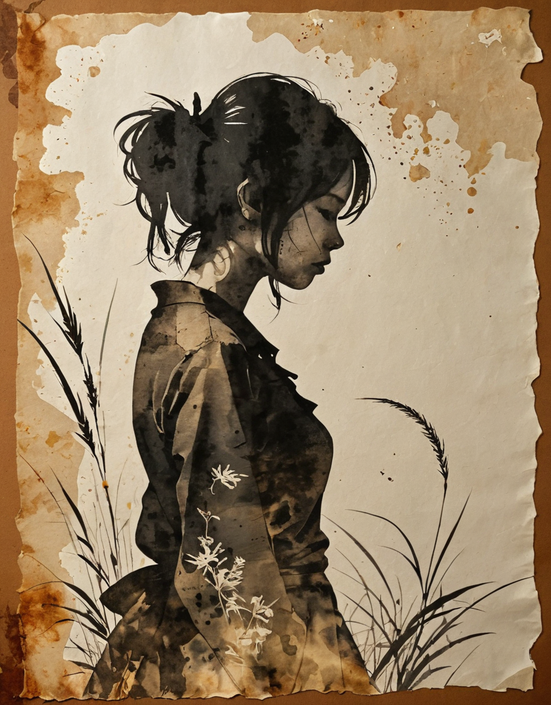girl silhouette on rice paper, grunge, ink, watercolor, high contrast