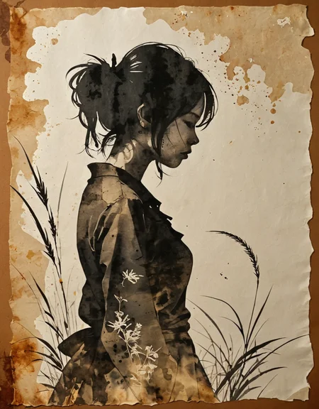 girl silhouette on rice paper, grunge, ink, watercolor, high contrast